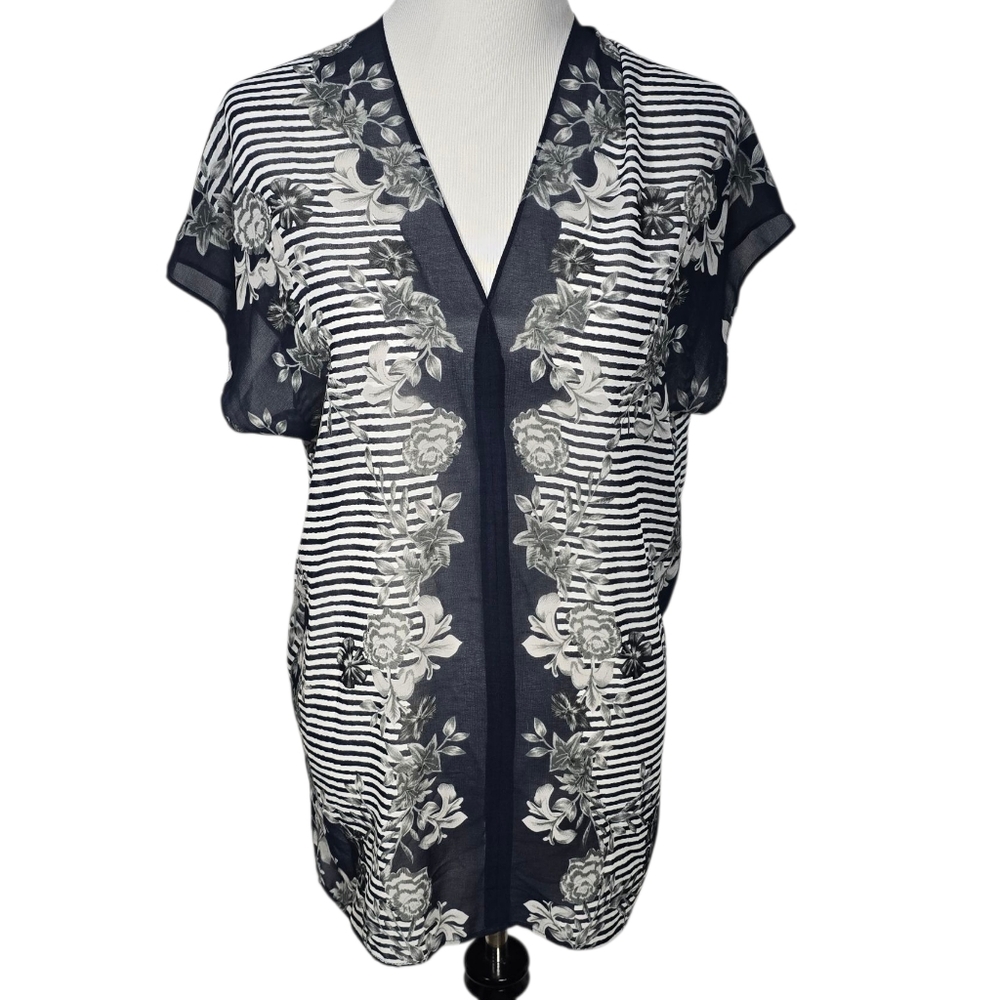 Cabi Size Small Blue White Gray Floral Striped Sheer Blouse